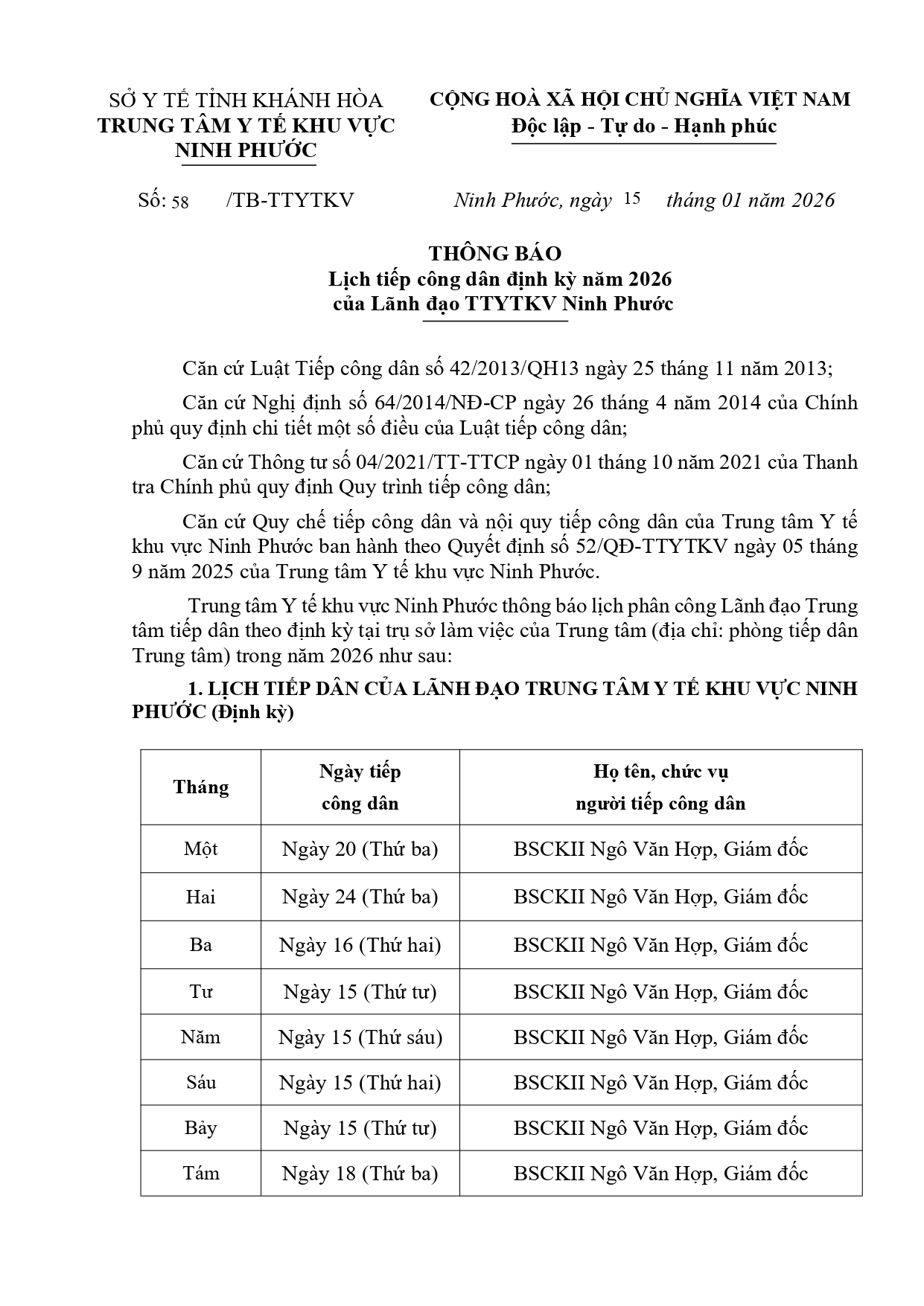 THÔNG BÁO Lịch tiếp công dân định kỳ năm 2026 của Lãnh đạo TTYTKV Ninh Phước